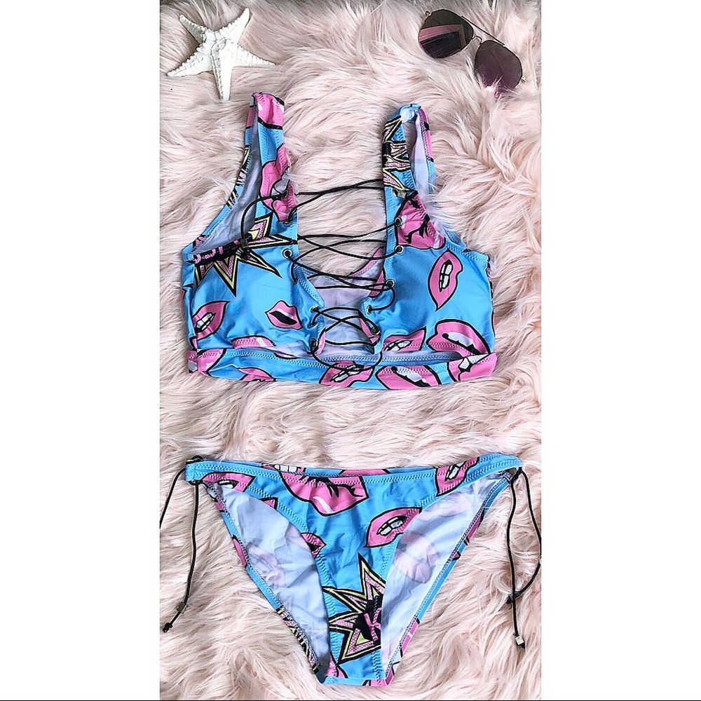 Kiss Lips Lace Up Cheeky Bikini